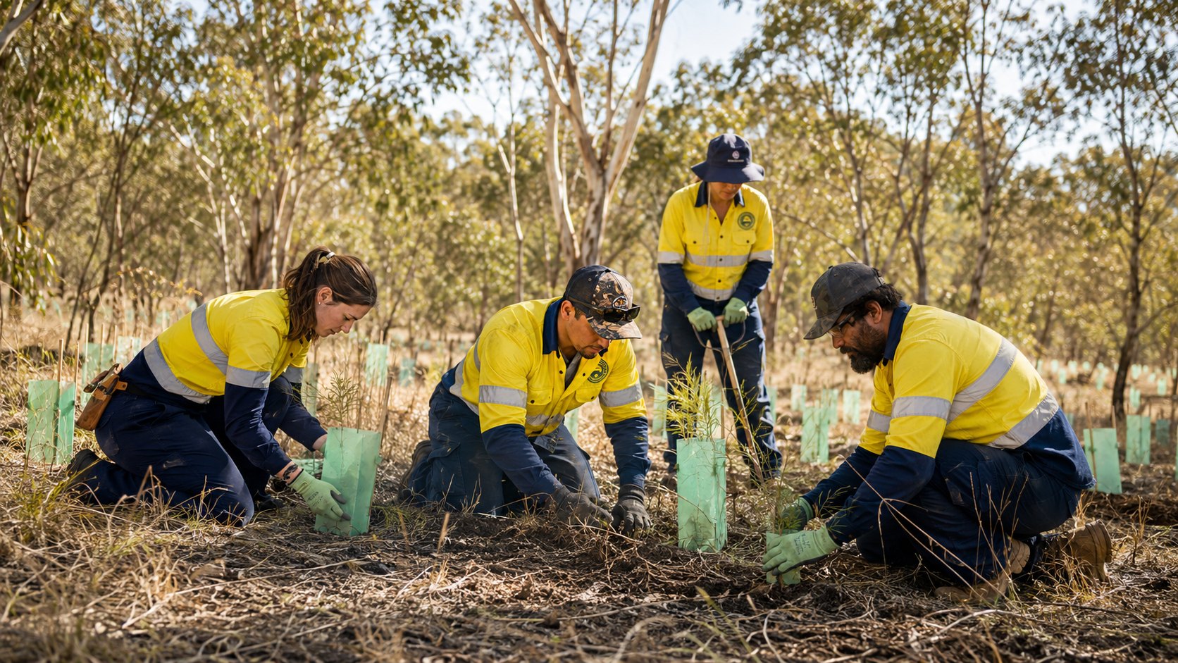 Native revegetation team planting tube-stock in eucalyptus woodland